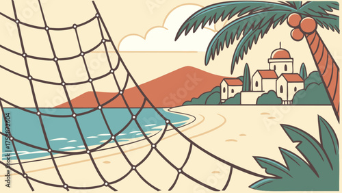 Tropical beach illustration features a serene coastal scene with palm tree, net, sea, and village, creating a relaxing and picturesque island getaway