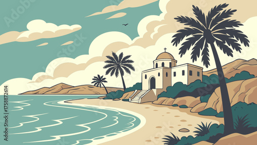 A serene beach scene with a traditional greek church, palm trees swaying gently, and the turquoise sea under a sky dotted with fluffy clouds