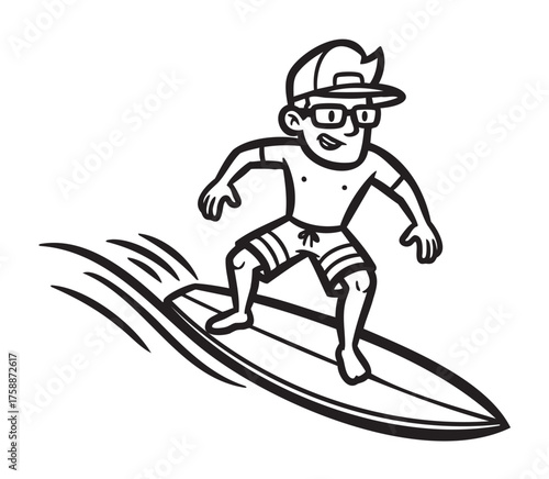 Black and white illustration of a young male surfer with glasses and a cap, skillfully riding a wave on a surfboard.