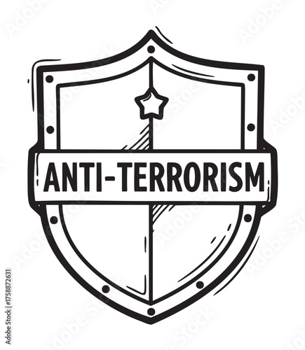 Black and white illustration of a shield with a central star and the word "anti-terrorism" across the front, symbolizing protection and security.