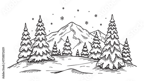 Black outline drawing of snow-covered mountains and evergreen trees under a sky with falling snowflakes, capturing a serene winter landscape.