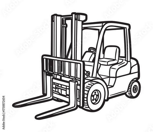 Black outline illustration of a forklift truck with detailed tires, forks, and driver’s seat, emphasizing industrial and warehouse equipment.