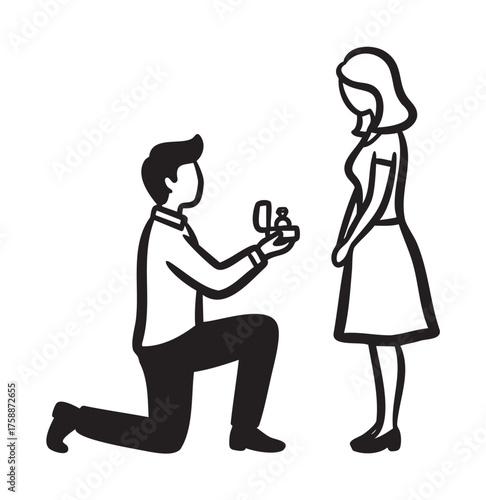 Black outline illustration of a man kneeling to propose with a ring to a standing woman, representing a marriage proposal concept.