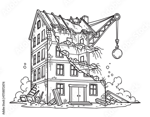 Black and white line drawing of a partially demolished building with a crane and wrecking ball causing destruction, surrounded by debris and rubble.