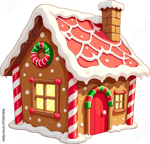 Festive gingerbread house with red and white candy roof and glowing windows, charming Christmas illustration filled with winter magic and cozy feeling