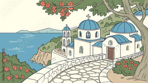 Picturesque greek church on a cliff overlooking the aegean sea, with a stone path leading to the entrance and flowers blooming nearby in the summer