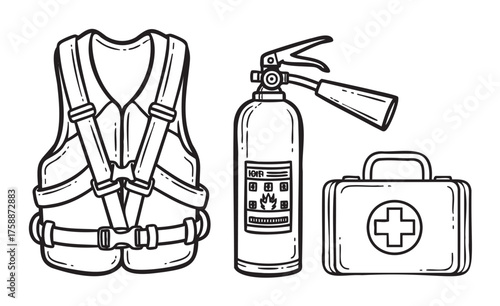 Black outline illustration of a life jacket, fire extinguisher, and first aid kit, representing safety and emergency preparedness.