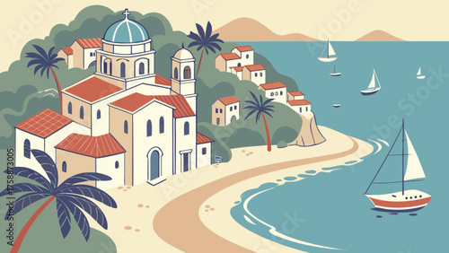 Picturesque greek church on a beach overlooking the aegean sea, with a boat sailing nearby and houses dotting the hillside in the summer