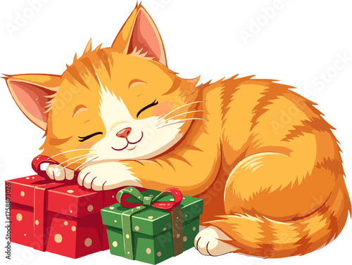 Cute orange cat sleeping peacefully with green ribbon, adorable festive illustration symbolizing comfort, love, and Christmas warmth during winter nights