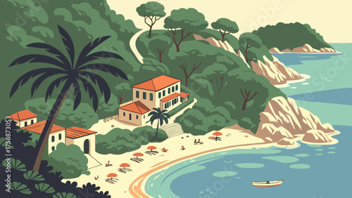 A picturesque coastal landscape featuring a luxurious villa nestled amidst lush greenery, overlooking a pristine beach with gentle waves and clear turquoise water