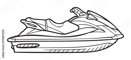 Black outline sketch of a jet ski with detailed features including handlebars, seat, and streamlined body, highlighting aquatic recreational activities.