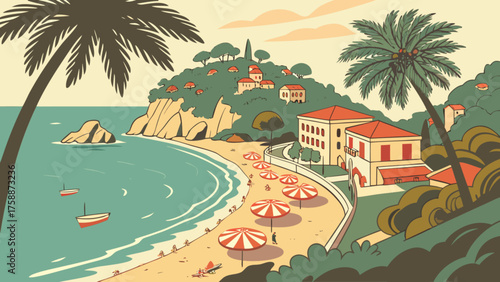 Vibrant coastal landscape featuring a sandy beach, turquoise sea, palm trees, and elegant villas, capturing the essence of a tropical getaway