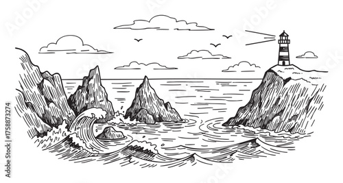 Black and white sketch of a rocky coastline with tall cliffs, crashing waves, and a striped lighthouse in the distance under a cloudy sky.