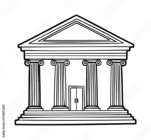 Black outline vector icon of a classical greek temple with four ionic columns and a triangular pediment. minimal architectural illustration useful for history and culture concepts.