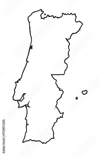 Black outline of portugal map silhouette, showcasing the geographical contours of the country and its neighboring islands.