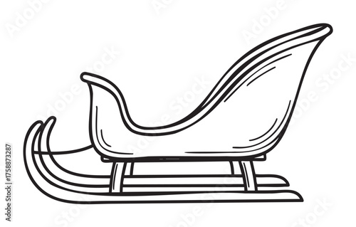 Black outline drawing of a classic winter sled with curved front and runners, suitable for snowy activities and festive occasions.