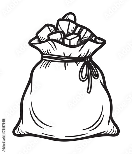 Black and white sketch of a sack filled with cube-shaped items tied with a string, commonly representing storage or transport of goods.