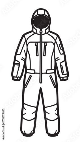 Black outline vector icon of a simple full-body snowsuit with a hood and multiple pockets, designed for cold weather protection.