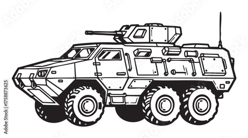 Black and white outline of an armored military vehicle with six wheels and a roof-mounted turret, highlighting intricate details and robust design.