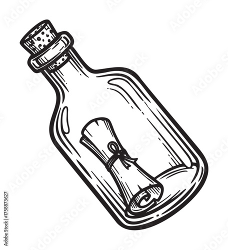 Black and white sketch of a glass bottle containing a rolled scroll tied with a string, symbolizing a message in a bottle.