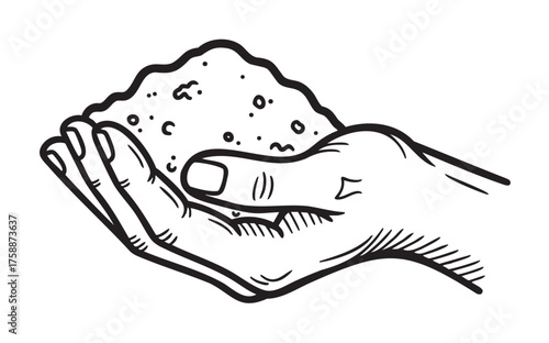 Black and white line drawing of a human hand holding a handful of soil or sand, depicting a simple and detailed illustration of grasped earth material.