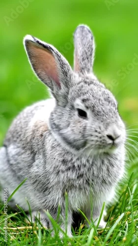 Close up of a gray bunny in vibrant green grass under natural light
