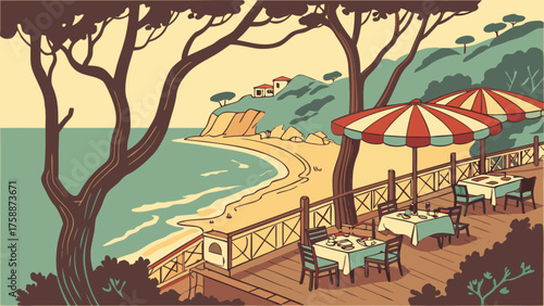 Picturesque coastal restaurant with a view of the sandy beach and turquoise sea, perfect for a romantic dinner during a summer vacation