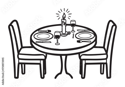 Simple black outline drawing of a round dinner table set for two with a lit candle and two chairs, suggesting a romantic dining setup.