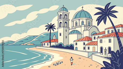 Picturesque coastal scene with a church, sandy beach, and palm trees, capturing the essence of a serene seaside village in a tropical setting