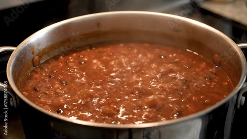Bubbling away, a pot of thick chili cooks slowly on the stove.