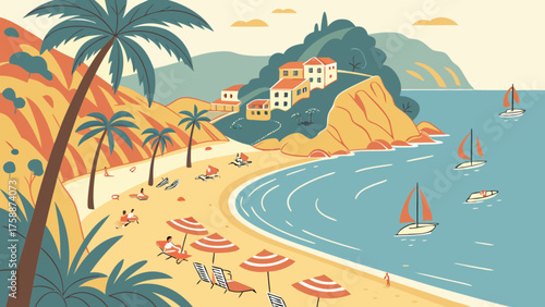 A vibrant coastal scene featuring a picturesque beach with sunbathers, umbrellas, and sailboats, set against a backdrop of charming hillside villas