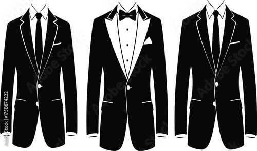Elegant men's suits and tuxedo illustration, formal wear fashion design, stylish black jackets collection for business, wedding, party, professional attire concept