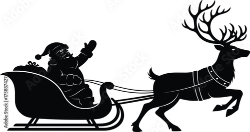 Santa Claus riding sleigh with reindeer silhouette, Christmas holiday illustration, festive winter scene, traditional xmas design, celebration and joy concept