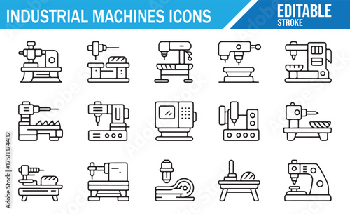 Industrial Equipment Symbols – Thin Line, Editable Stroke, Vector Style
