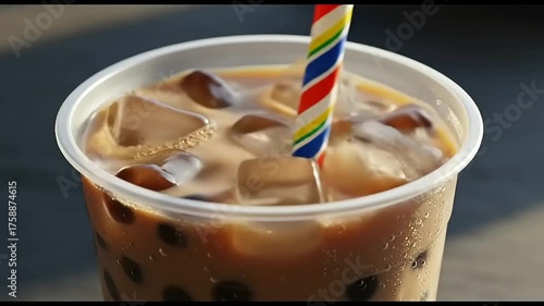 Refreshing Boba Tea: A Close-Up Look at a Popular Iced Drink with Tapioca Pearls
