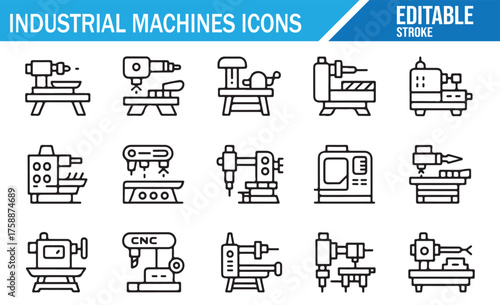Manufacturing Equipment Line Icons – Factory, Automation, Robotics, Tools