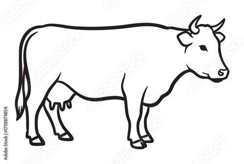 Simple black outline drawing of a standing cow with horns and visible udder, highlighted by clean lines and minimal detail.