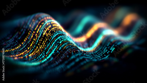 Scrolling code stream forming a wave conveying cybersecurity big data and continuous digital transformation in software
