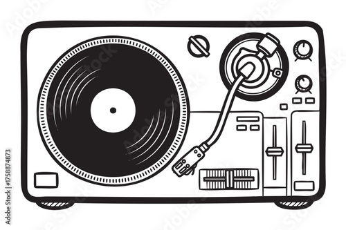 Black and white outlined drawing of a vintage turntable with a spinning record, visible tonearm, and control knobs.