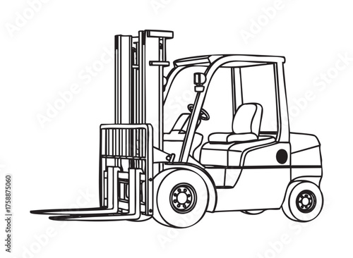 Black outline drawing of an industrial forklift showing detailed features such as the lifting mechanism and driver's seat.