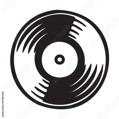 Black outline of a vinyl record with stylized grooves, representing music and retro audio concepts.