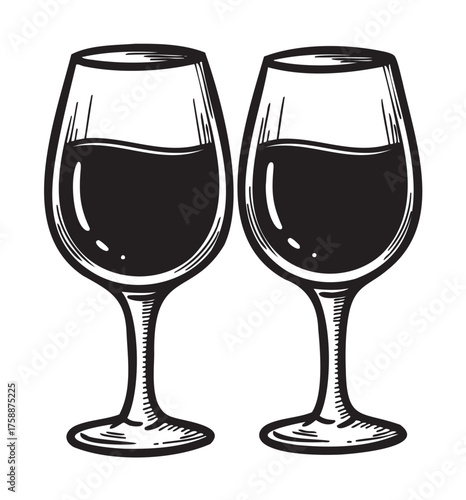 Two elegant wine glasses with a sketch-style design, each filled with a generous amount of red wine, showcasing a classic and detailed appearance.