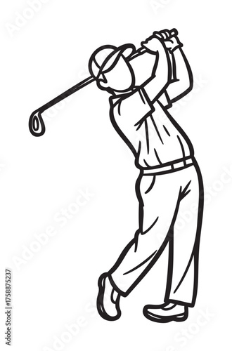 Black outline vector illustration of a golfer finishing a swing with a golf club over his shoulder, wearing a cap and casual golf attire.