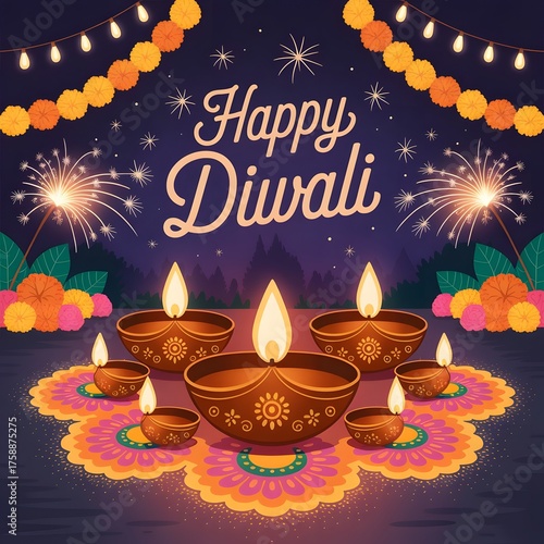 Brightly lit diyas and colorful decorations celebrate the joyous festival of Diwali, with fireworks