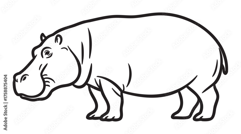 Fototapeta premium Black outline drawing of a standing hippopotamus facing left, with detailed features and a curved tail.