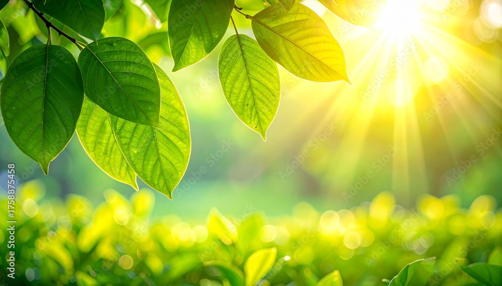 Naklejka premium Sunlight Filtering Through Lush Green Leaves in a Serene Natural Setting.
