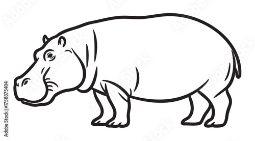 Black outline drawing of a standing hippopotamus facing left, with detailed features and a curved tail.