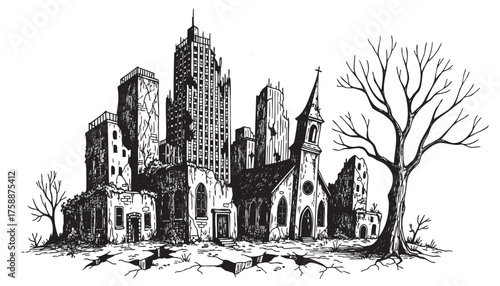 Black and white drawing of a post-apocalyptic cityscape with decaying buildings, a barren tree, and a crumbling church in the foreground.