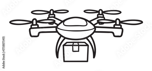 Black outline of a quadcopter drone with four propellers carrying a package, illustrating modern delivery technology.