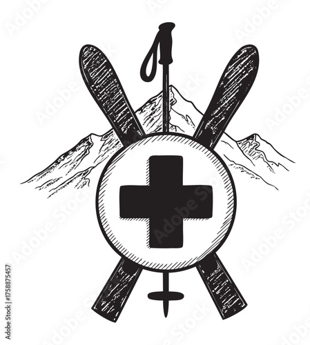 Black and white illustration of ski patrol symbol with crossed skis, ski poles, and a mountain backdrop.
